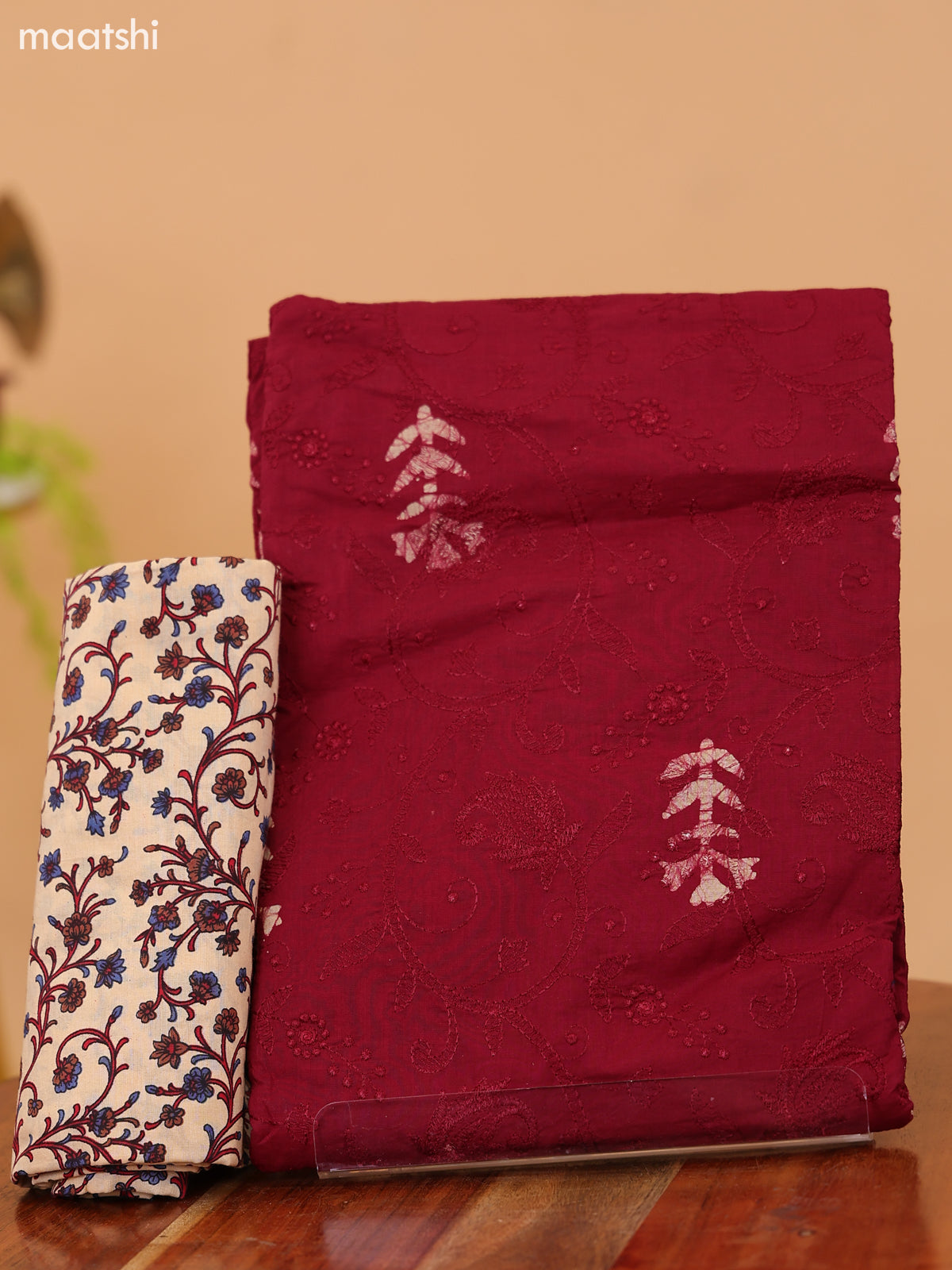 Maroon and Beige Cotton Dress Material With Batik Butta Prints & Allover Embroidery Work Pattern and Bottom & Dupatta