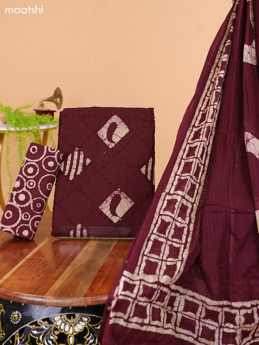 Brown and Biege Cotton Dress Material With Batik Prints & French Knot Work Pattern and Bottom & Dupatta