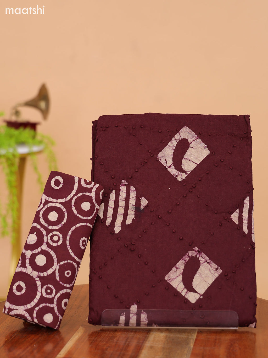 Brown and Biege Cotton Dress Material With Batik Prints & French Knot Work Pattern and Bottom & Dupatta