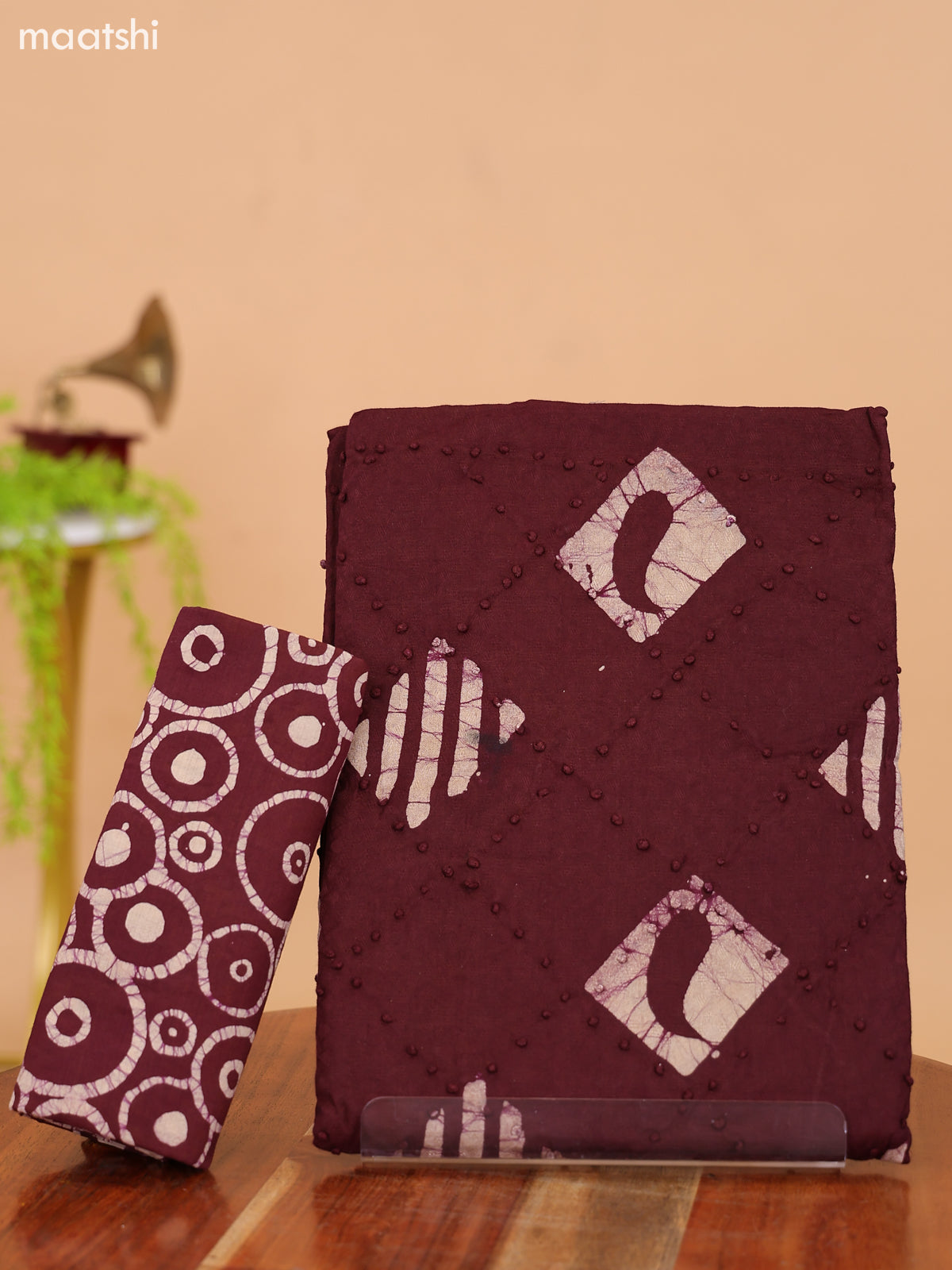 Brown and Biege Cotton Dress Material With Batik Prints & French Knot Work Pattern and Bottom & Dupatta