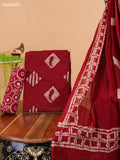 Red and Biege Cotton Dress Material With Batik Prints & French Knot Work Pattern and Bottom & Dupatta