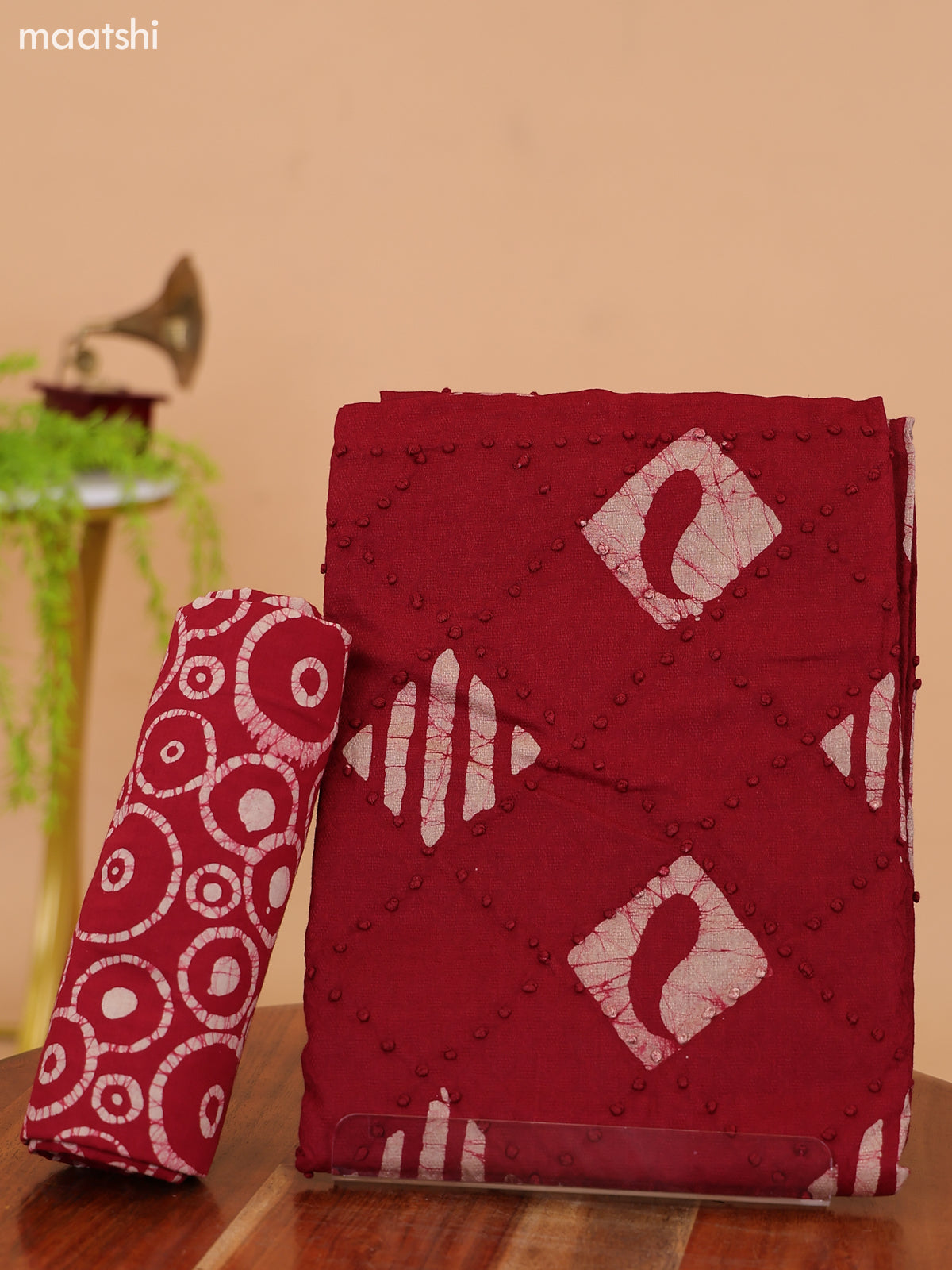 Red and Biege Cotton Dress Material With Batik Prints & French Knot Work Pattern and Bottom & Dupatta