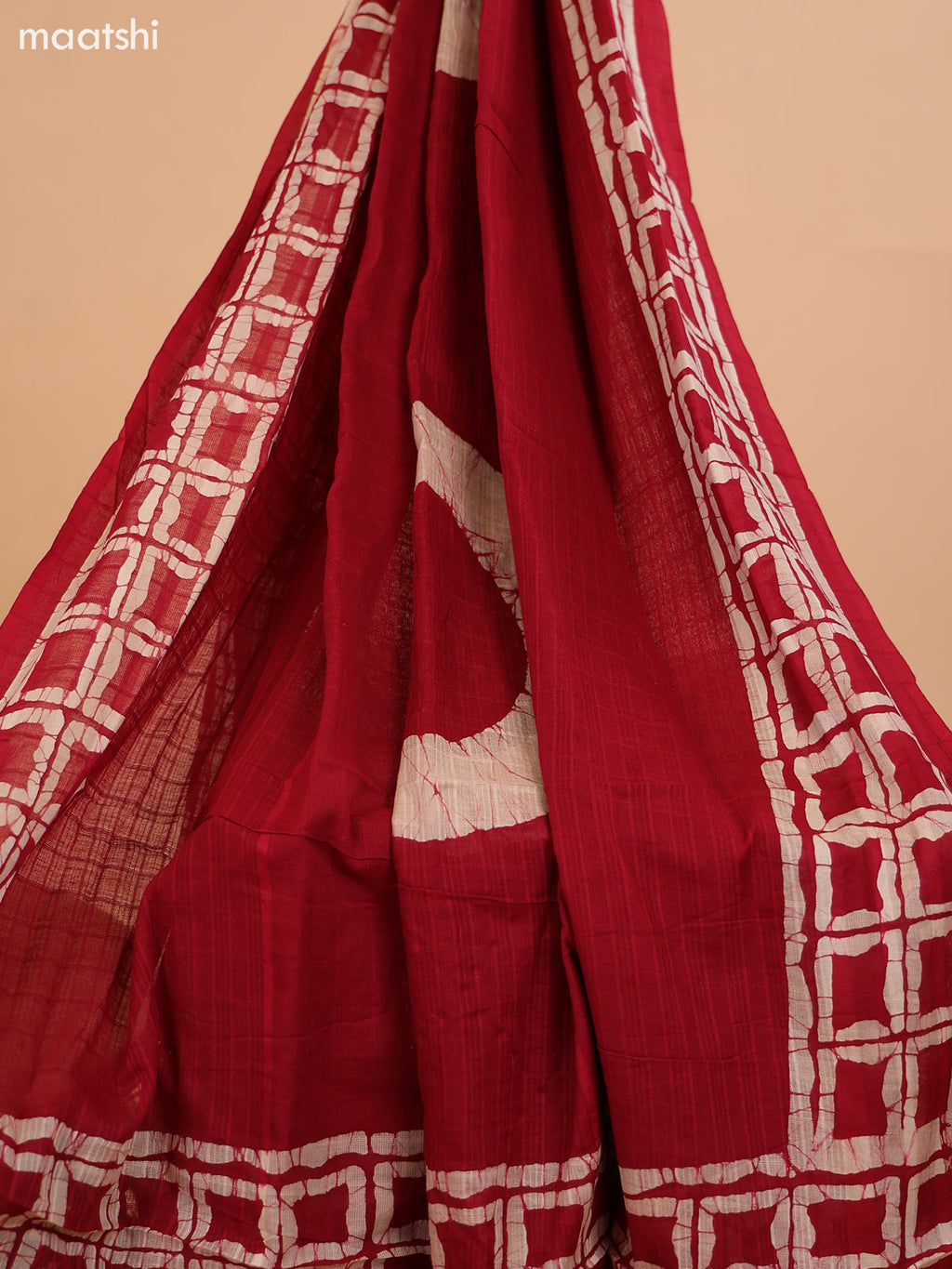 Red and Biege Cotton Dress Material With Batik Prints & French Knot Work Pattern and Bottom & Dupatta