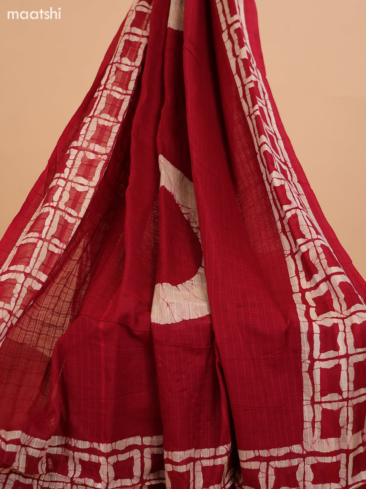 Red and Biege Cotton Dress Material With Batik Prints & French Knot Work Pattern and Bottom & Dupatta