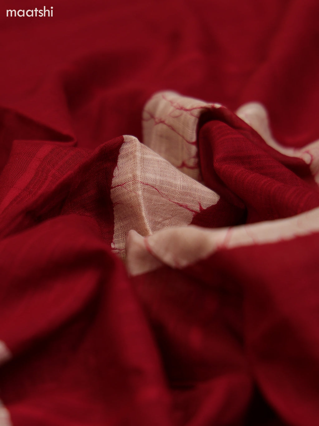 Red and Biege Cotton Dress Material With Batik Prints & French Knot Work Pattern and Bottom & Dupatta