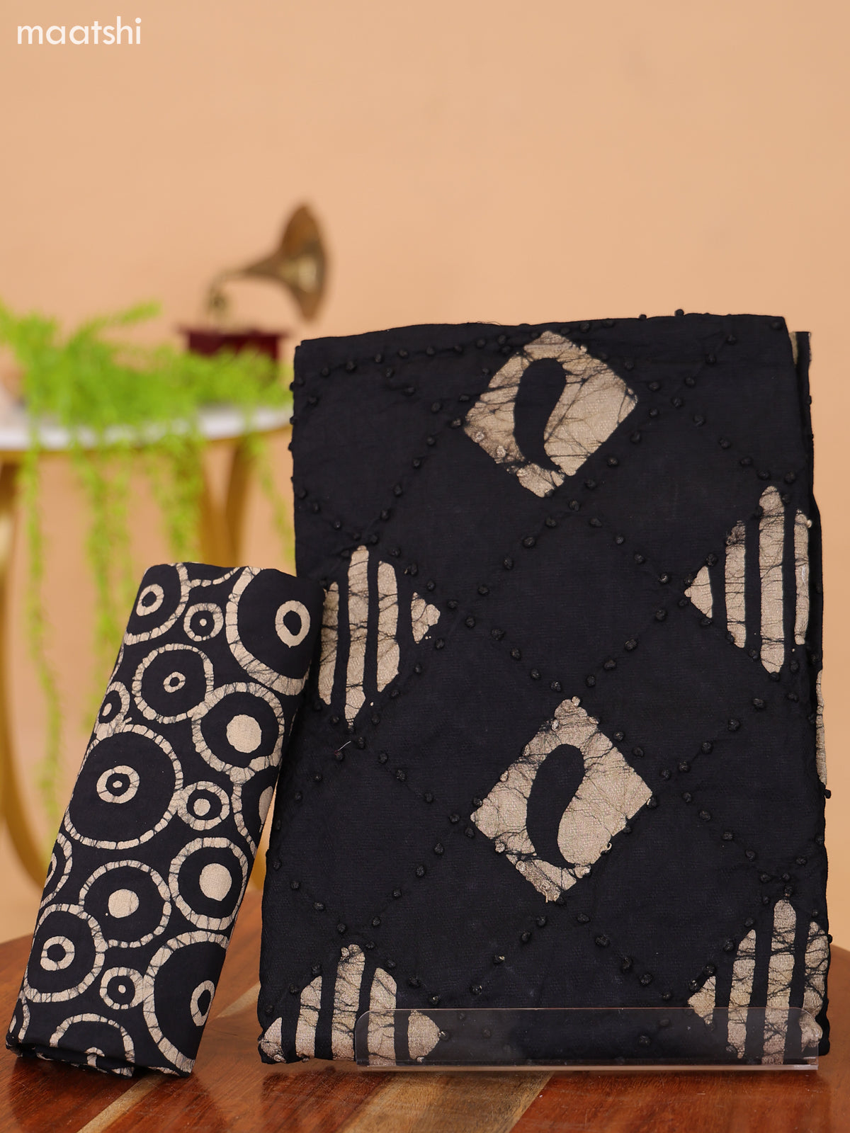 Black and Biege Cotton Dress Material With Batik Prints & French Knot Work Pattern and Bottom & Dupatta