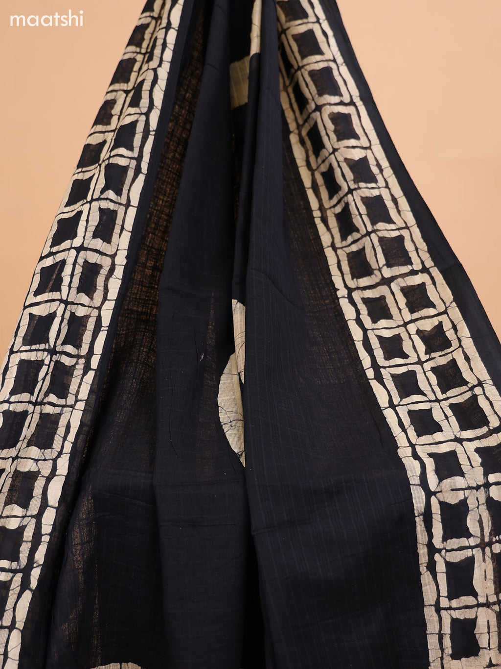 Black and Biege Cotton Dress Material With Batik Prints & French Knot Work Pattern and Bottom & Dupatta