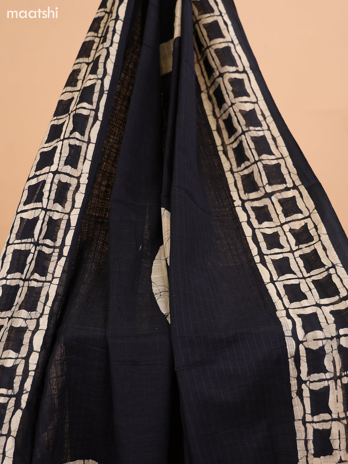 Black and Biege Cotton Dress Material With Batik Prints & French Knot Work Pattern and Bottom & Dupatta
