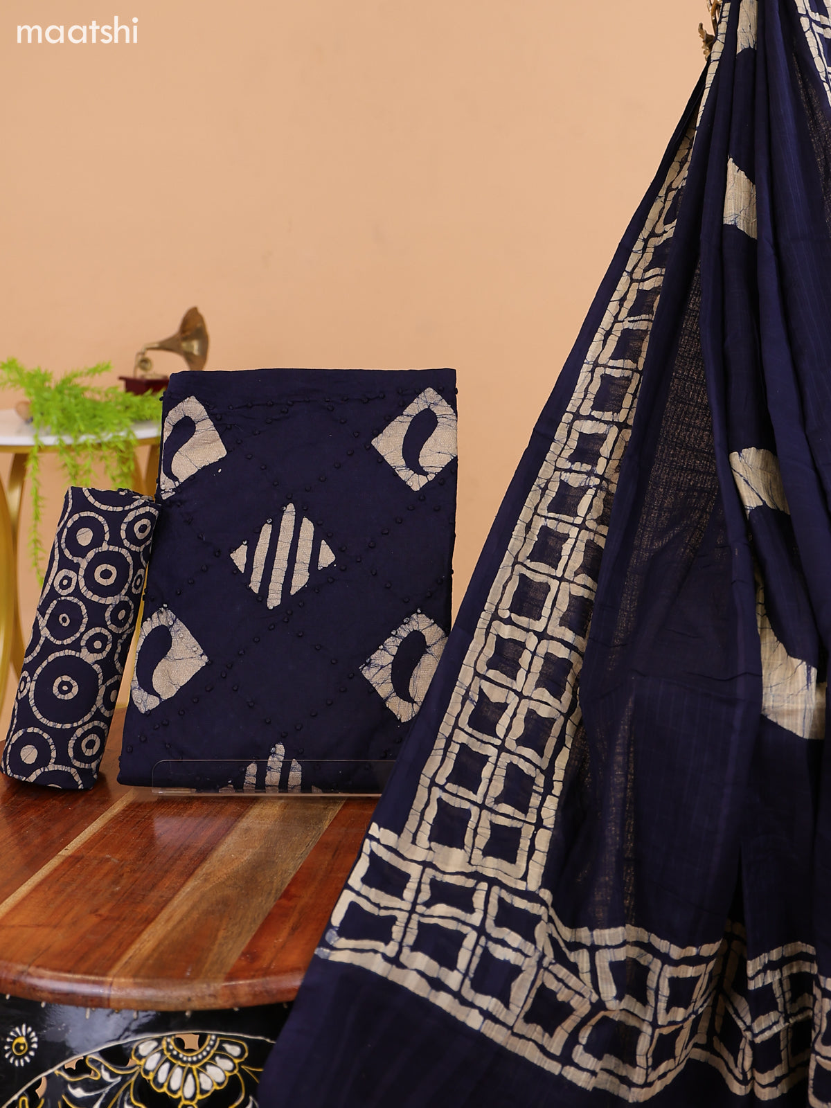 Navy Blue and Biege Cotton Dress Material With Batik Prints & French Knot Work Pattern and Bottom & Dupatta