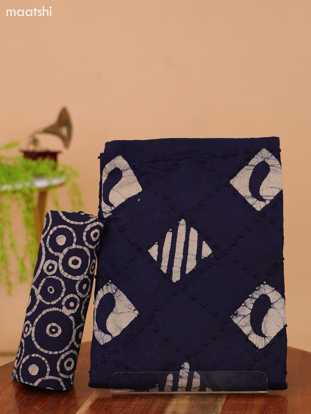 Navy Blue and Biege Cotton Dress Material With Batik Prints & French Knot Work Pattern and Bottom & Dupatta