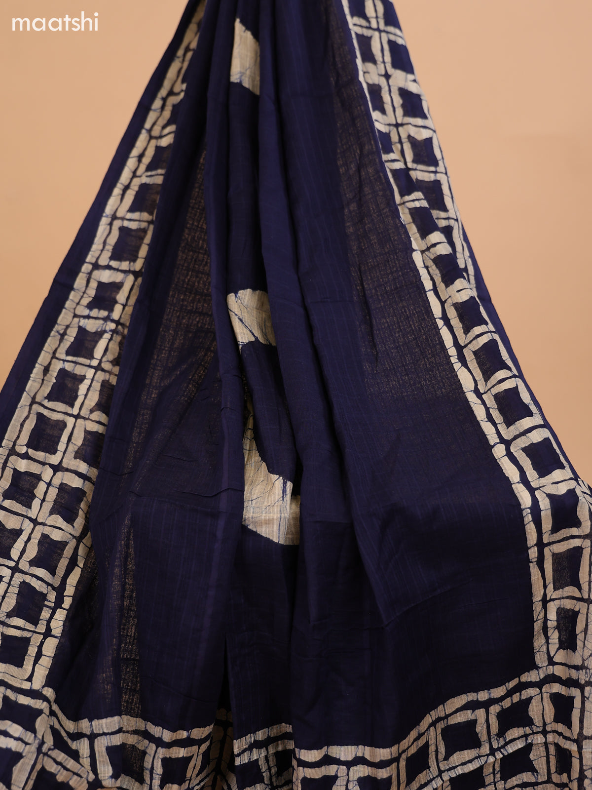 Navy Blue and Biege Cotton Dress Material With Batik Prints & French Knot Work Pattern and Bottom & Dupatta