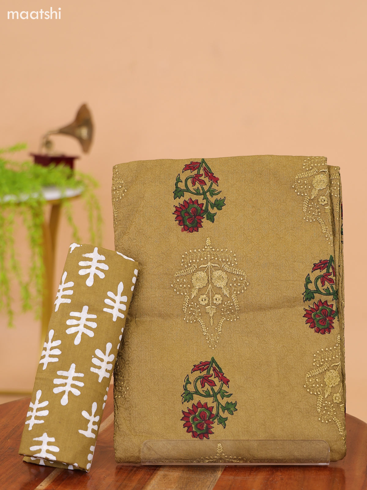 Mustard Green Cotton Dress Material With Floral Prints & Embroidery Work Buttas and Bottom & Dupatta