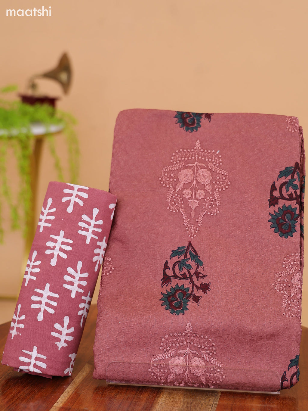Mauve Pink Cotton Dress Material With Floral Prints & Embroidery Work Buttas and Bottom & Dupatta