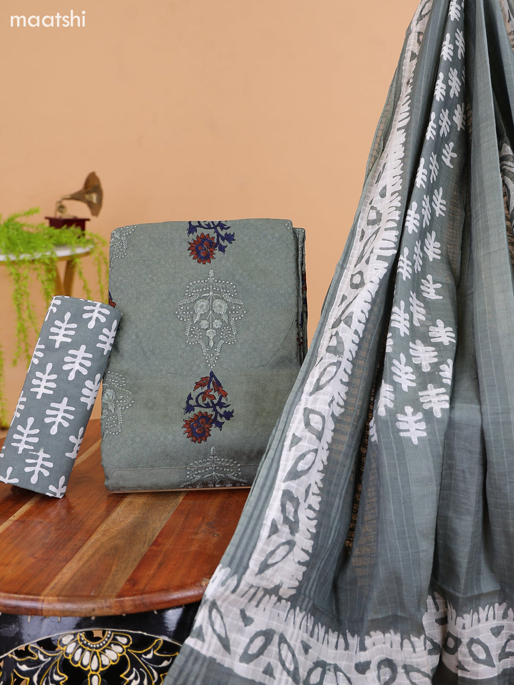 Greyish Green Cotton Dress Material With Floral Prints & Embroidery Work Buttas and Bottom & Dupatta