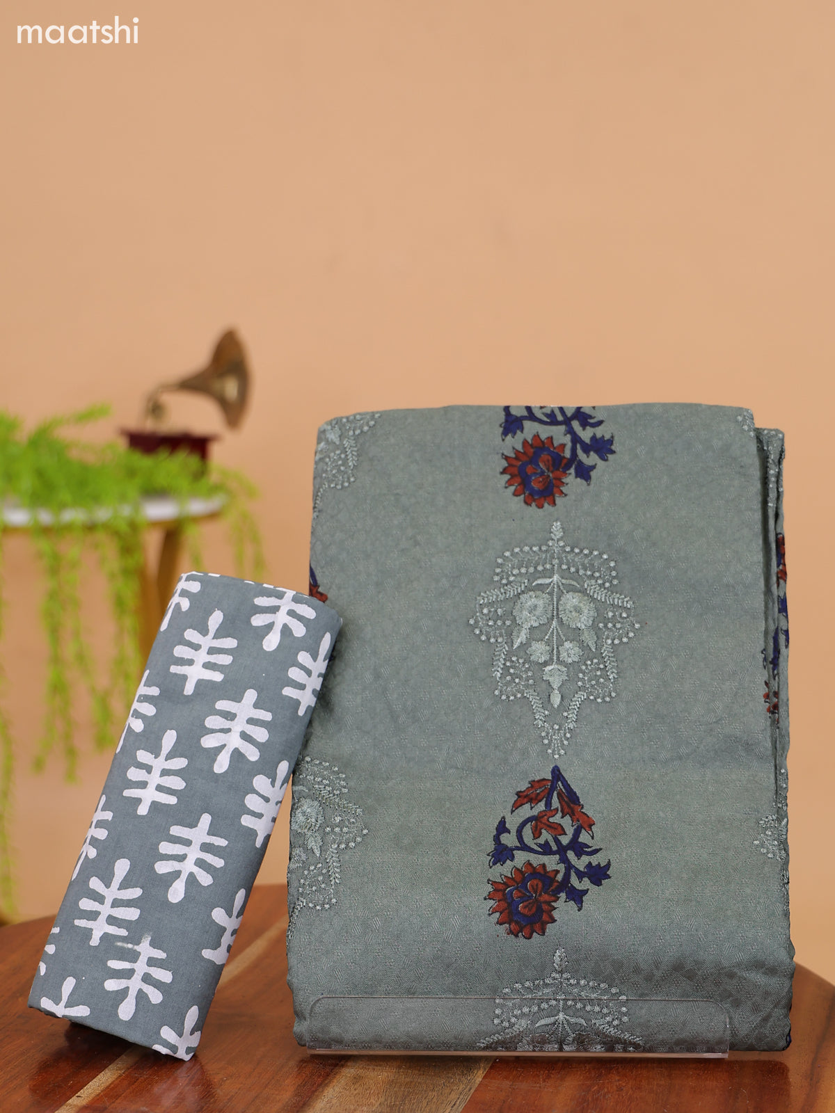 Greyish Green Cotton Dress Material With Floral Prints & Embroidery Work Buttas and Bottom & Dupatta