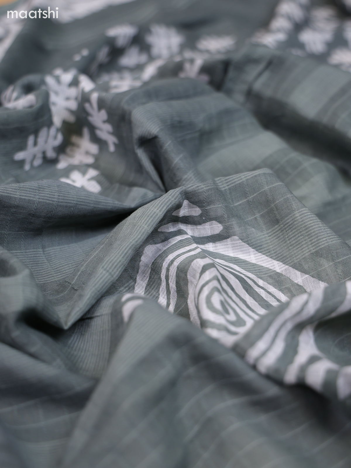Greyish Green Cotton Dress Material With Floral Prints & Embroidery Work Buttas and Bottom & Dupatta