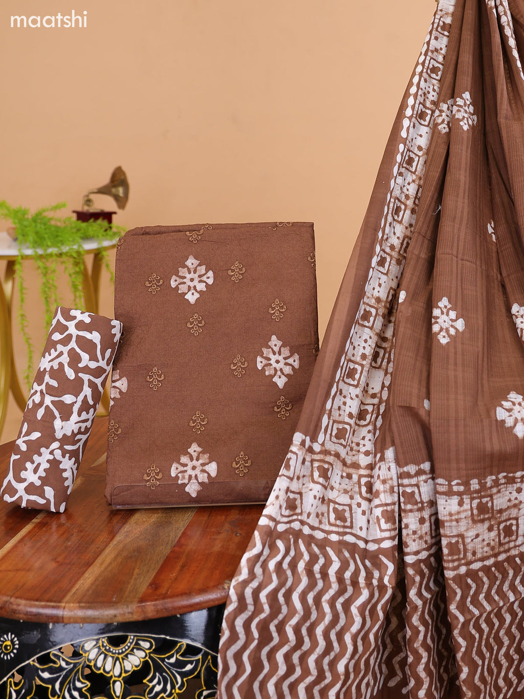 Brown and Off White Cotton Dress Material With Batik Prints & Embroidery Work Buttas and Bottom & Dupatta