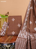 Brown and Off White Cotton Dress Material With Batik Prints & Embroidery Work Buttas and Bottom & Dupatta