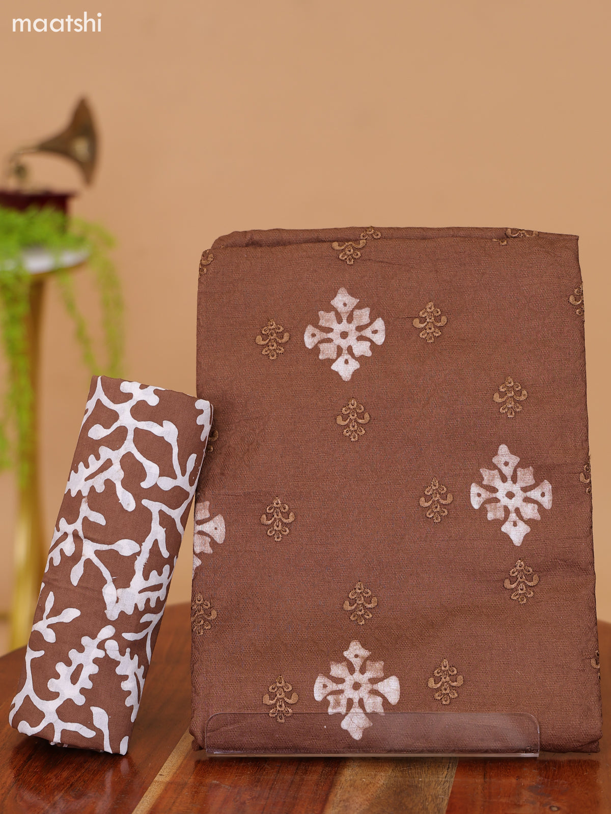 Brown and Off White Cotton Dress Material With Batik Prints & Embroidery Work Buttas and Bottom & Dupatta