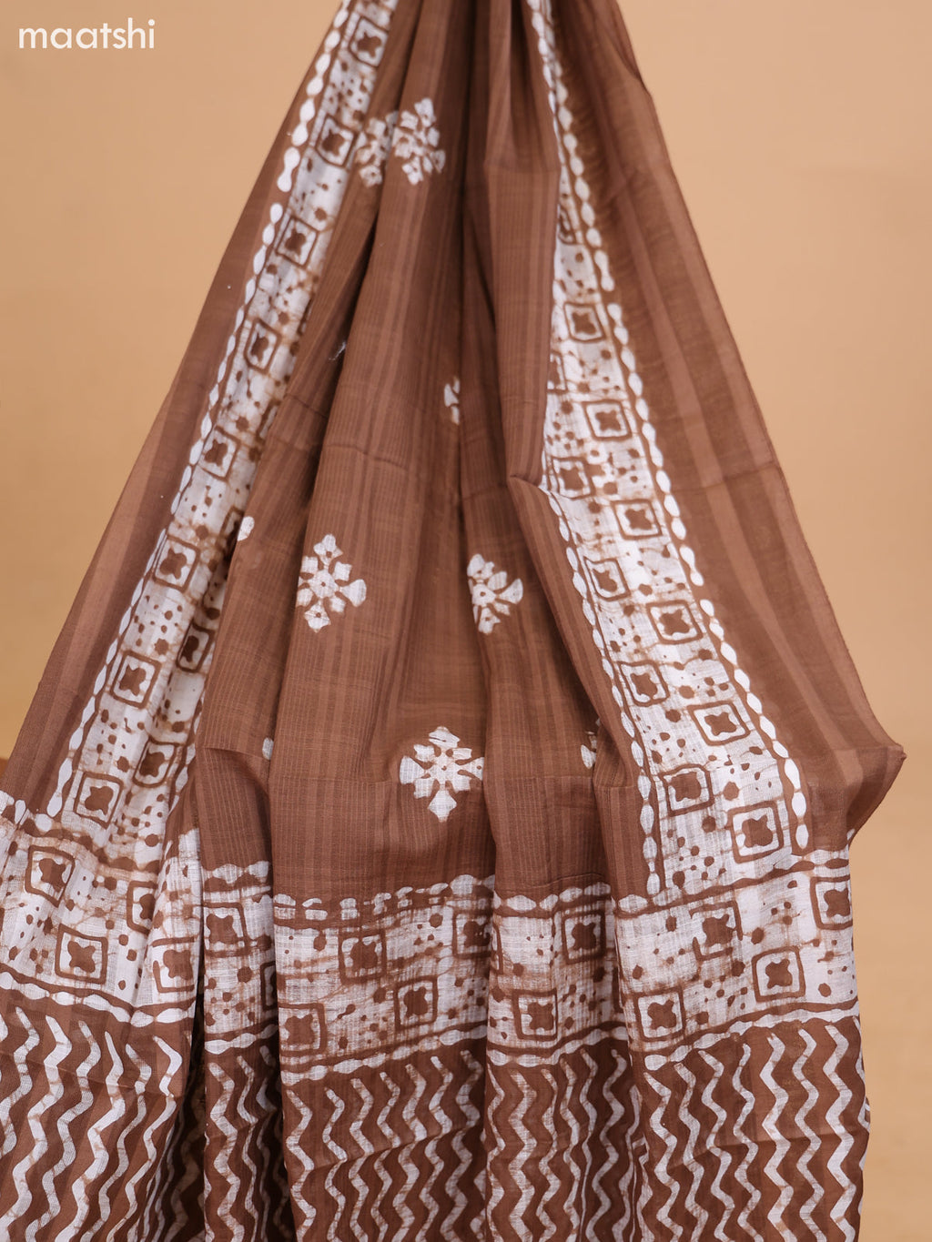 Brown and Off White Cotton Dress Material With Batik Prints & Embroidery Work Buttas and Bottom & Dupatta