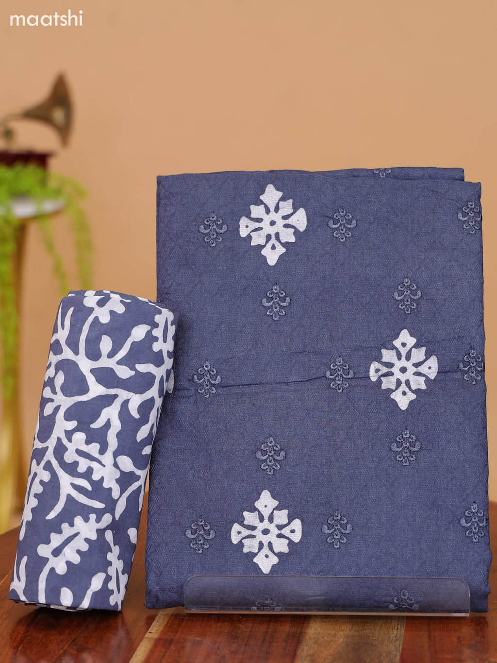 Bluish Grey and Off White Cotton Dress Material With Batik Prints & Embroidery Work Buttas and Bottom & Dupatta