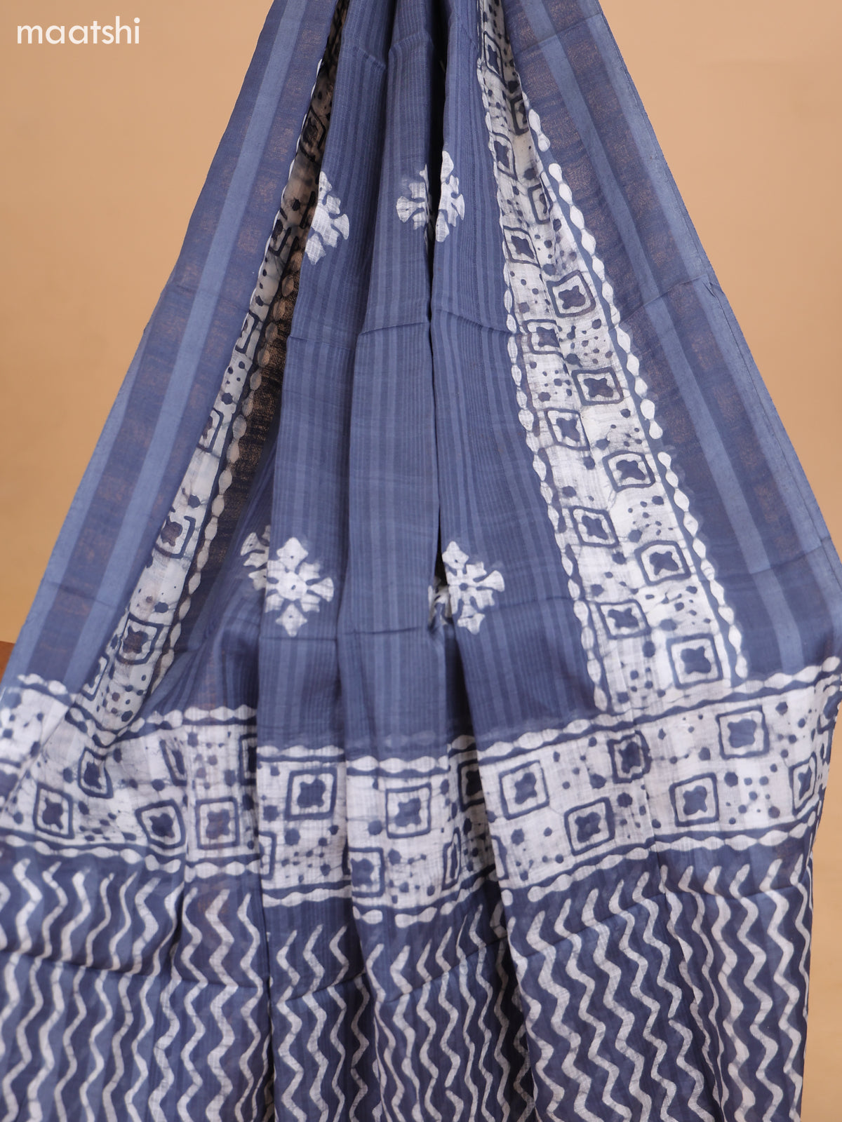 Bluish Grey and Off White Cotton Dress Material With Batik Prints & Embroidery Work Buttas and Bottom & Dupatta