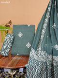 Sap Green and Off White Cotton Dress Material With Batik Prints & Embroidery Work Buttas and Bottom & Dupatta