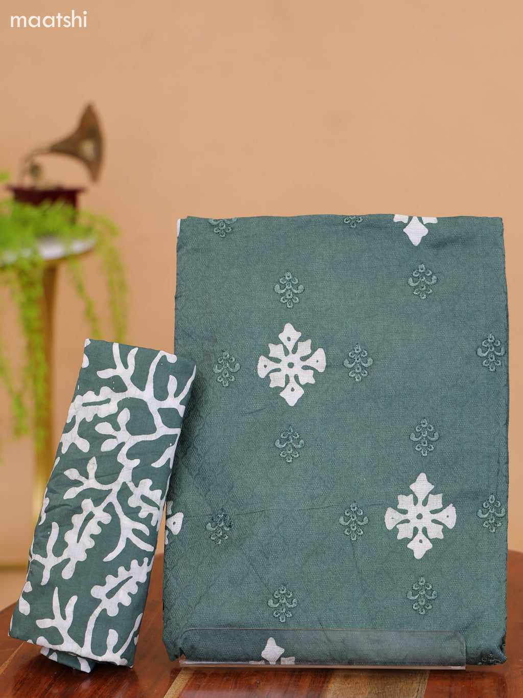 Sap Green and Off White Cotton Dress Material With Batik Prints & Embroidery Work Buttas and Bottom & Dupatta