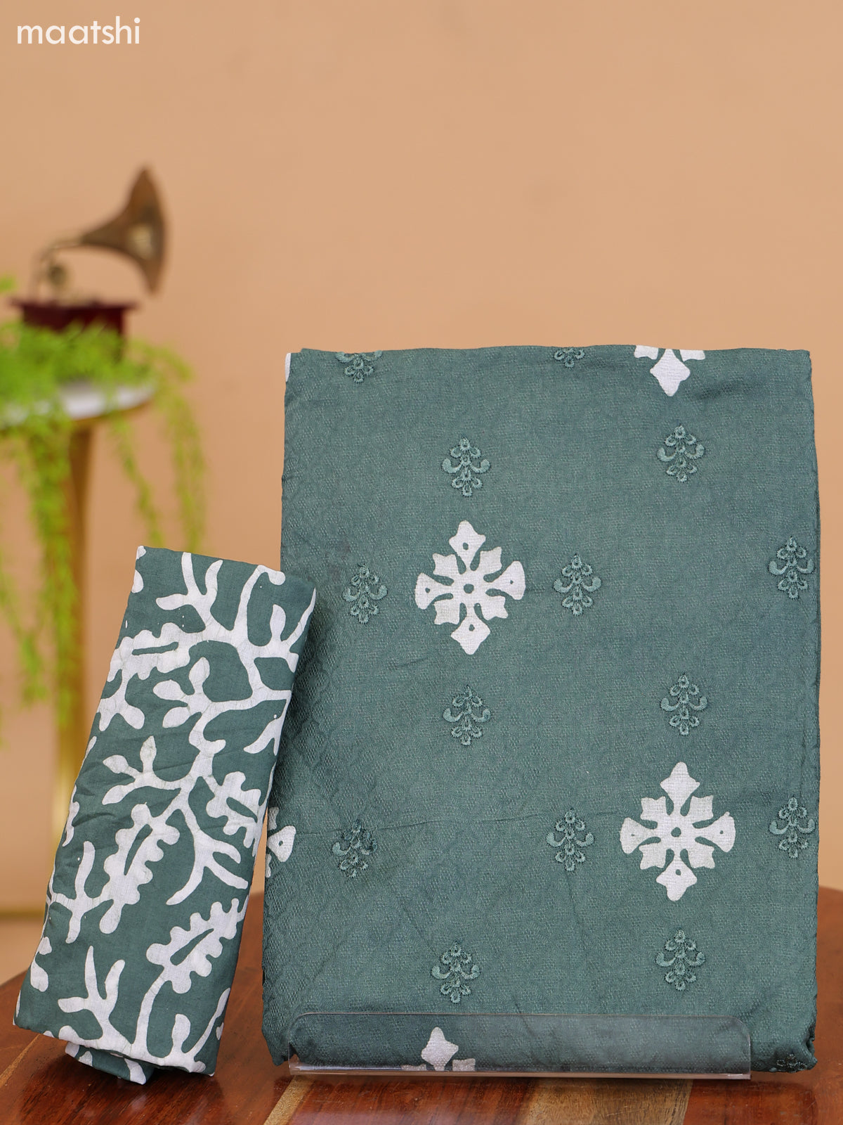 Sap Green and Off White Cotton Dress Material With Batik Prints & Embroidery Work Buttas and Bottom & Dupatta