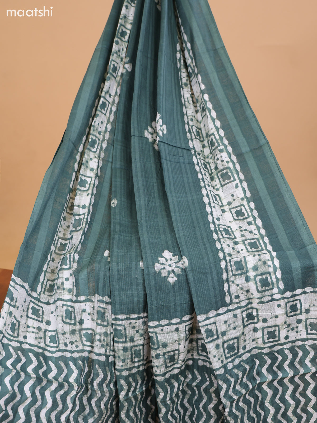 Sap Green and Off White Cotton Dress Material With Batik Prints & Embroidery Work Buttas and Bottom & Dupatta
