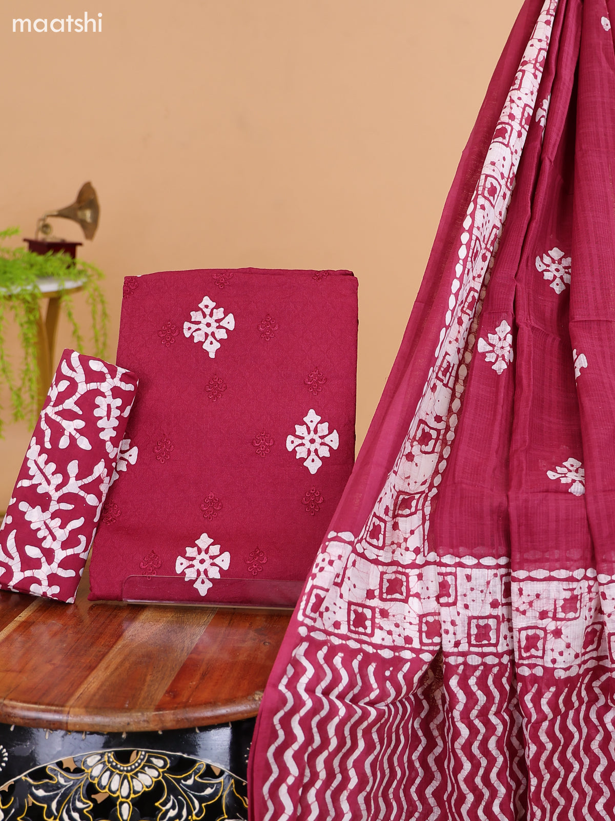 Maroon and Off White Cotton Dress Material With Batik Prints & Embroidery Work Buttas and Bottom & Dupatta