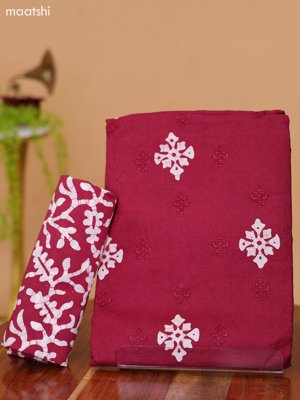 Maroon and Off White Cotton Dress Material With Batik Prints & Embroidery Work Buttas and Bottom & Dupatta