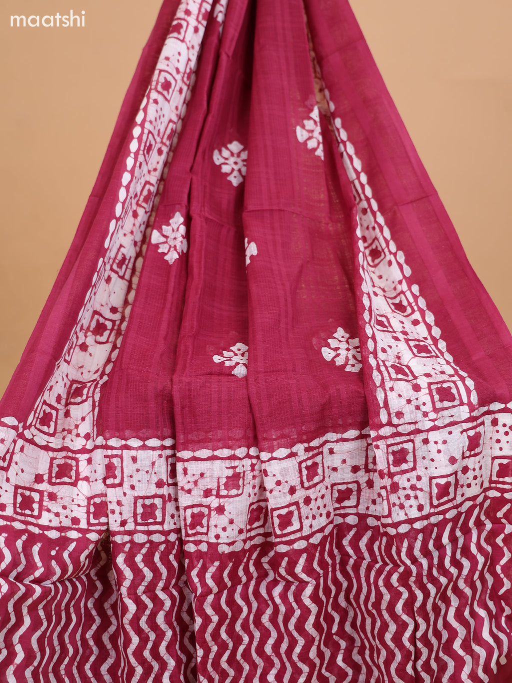 Maroon and Off White Cotton Dress Material With Batik Prints & Embroidery Work Buttas and Bottom & Dupatta