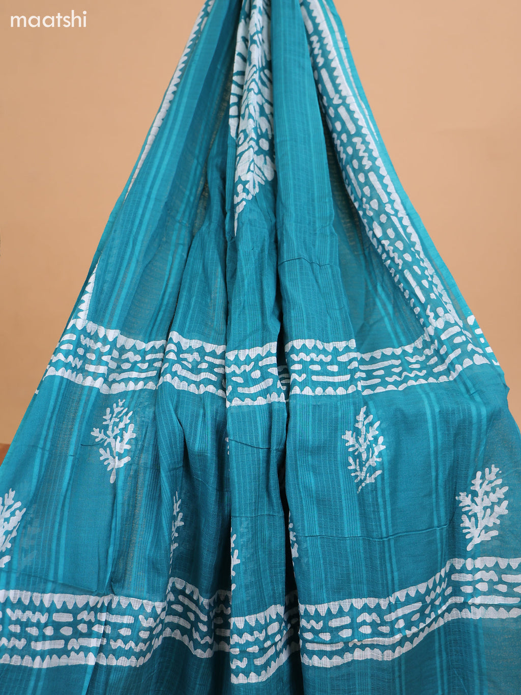 Green and Off White Cotton Dress Material With Prints and Bottom & Dupatta