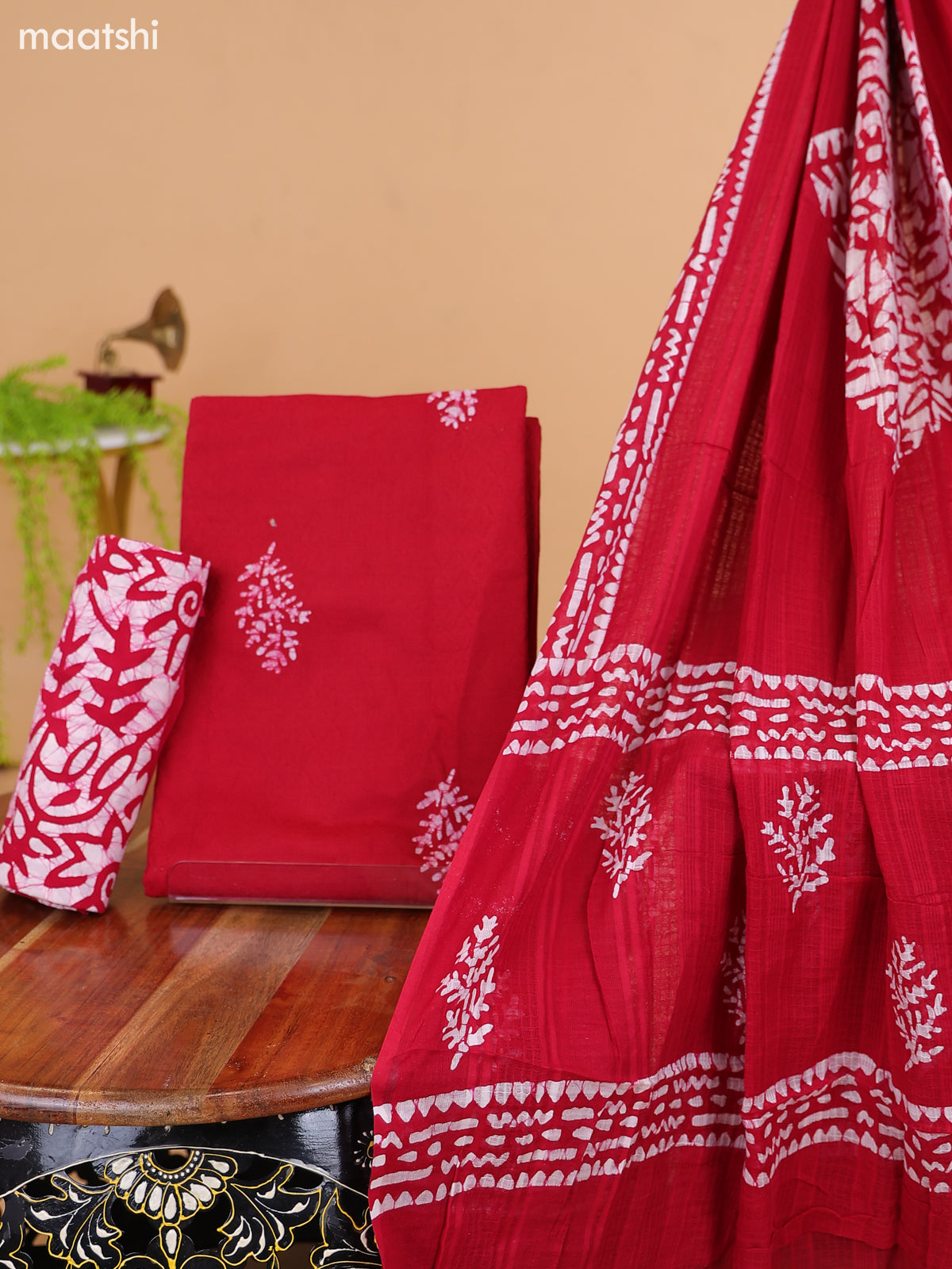 Red and Off White Cotton Dress Material With Prints and Bottom & Dupatta