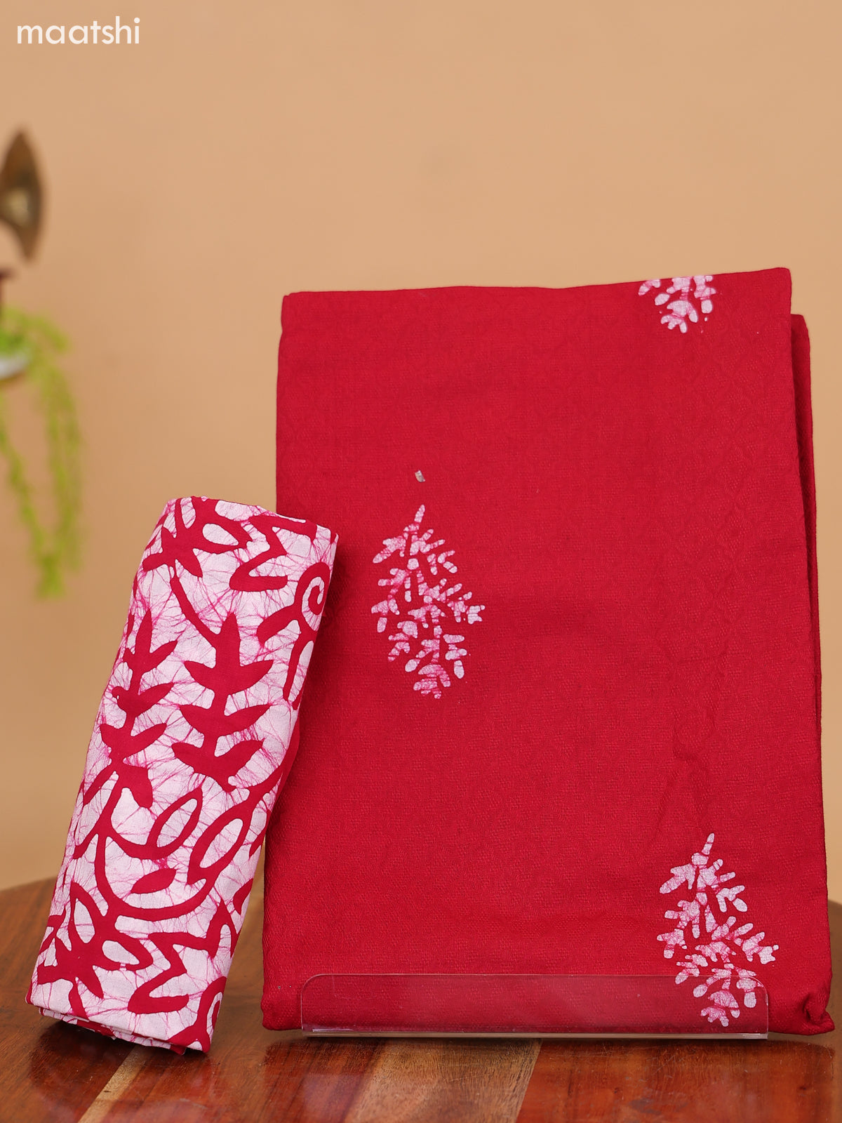 Red and Off White Cotton Dress Material With Prints and Bottom & Dupatta