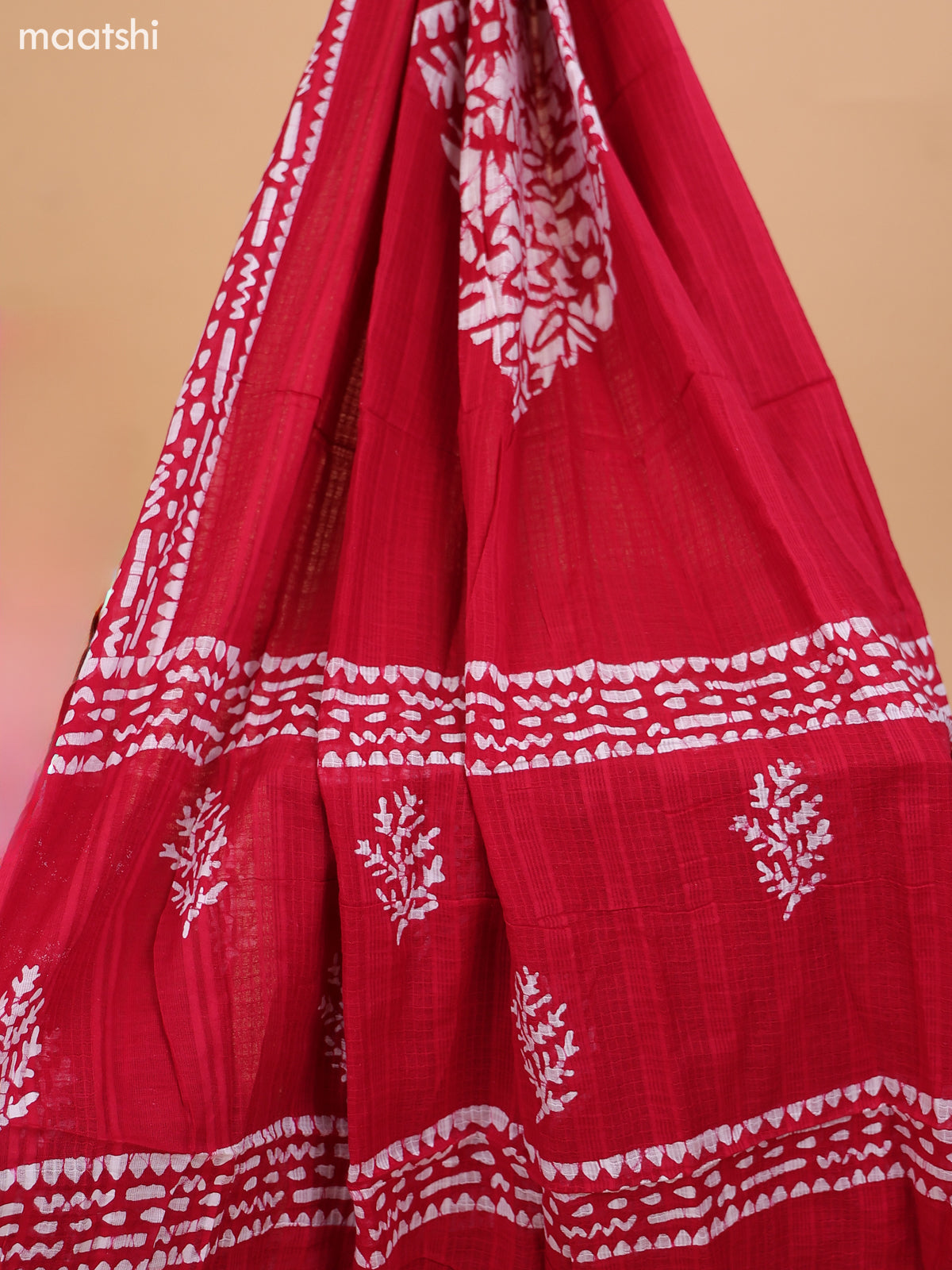 Red and Off White Cotton Dress Material With Prints and Bottom & Dupatta