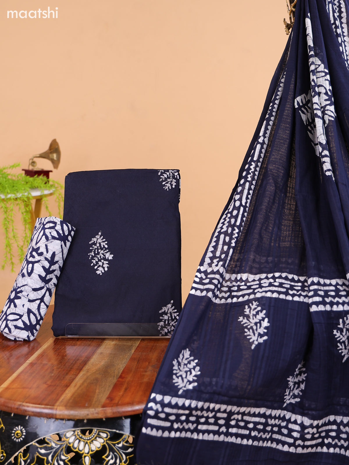 Navy Blue and Off White Cotton Dress Material With Prints and Bottom & Dupatta