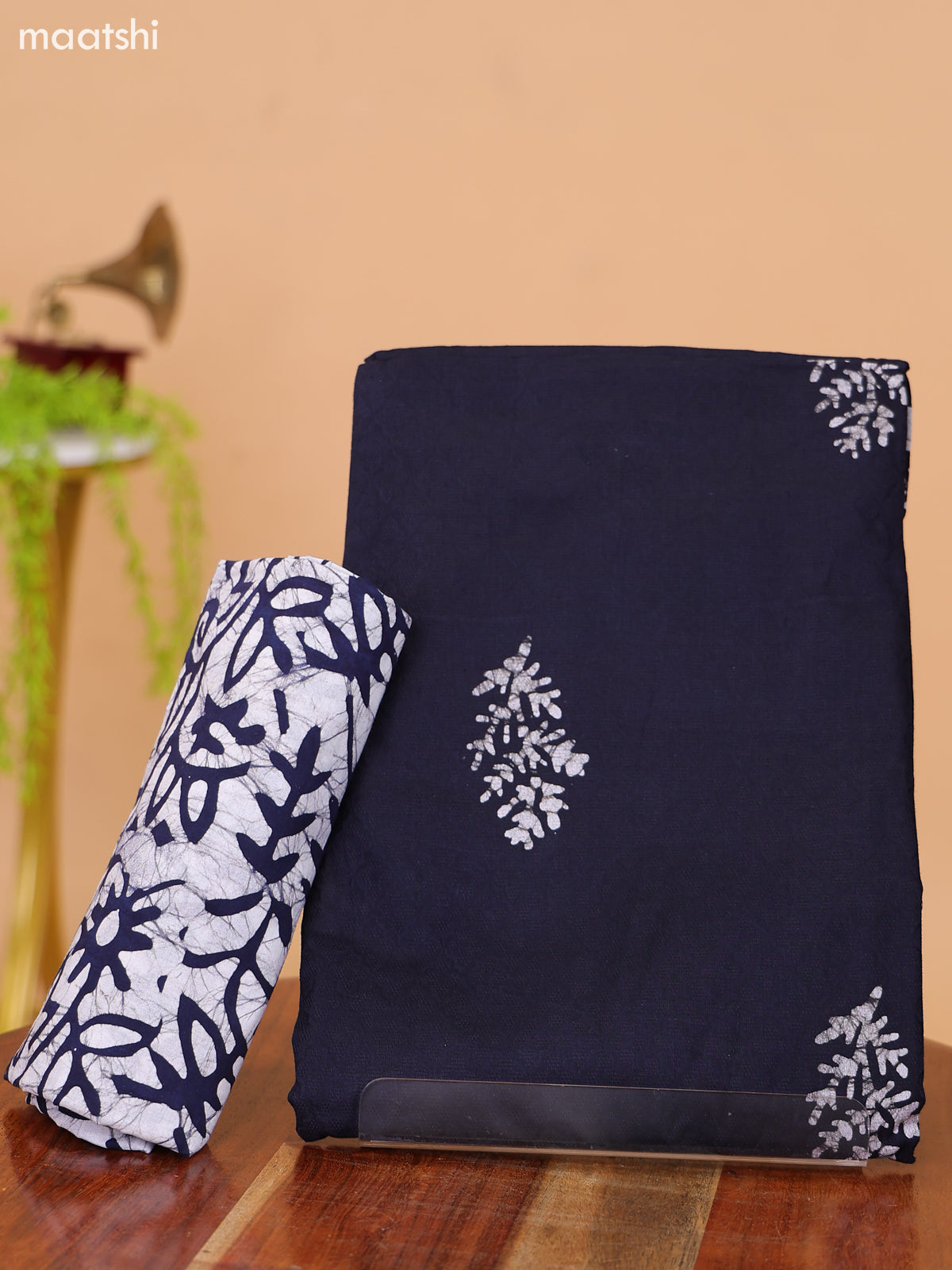 Navy Blue and Off White Cotton Dress Material With Prints and Bottom & Dupatta