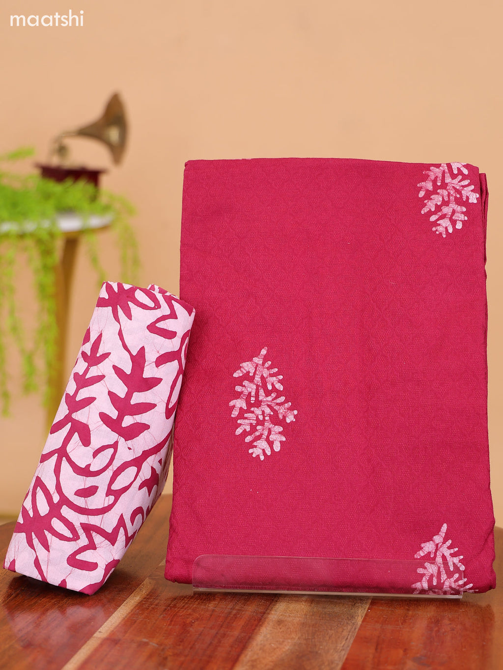 Maroon and Off White Cotton Dress Material With Prints and Bottom & Dupatta