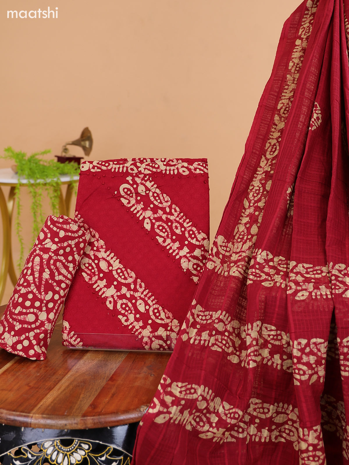 Red and Biege Cotton Dress Material With Batik Prints & French Knot Work Pattern and Bottom & Dupatta