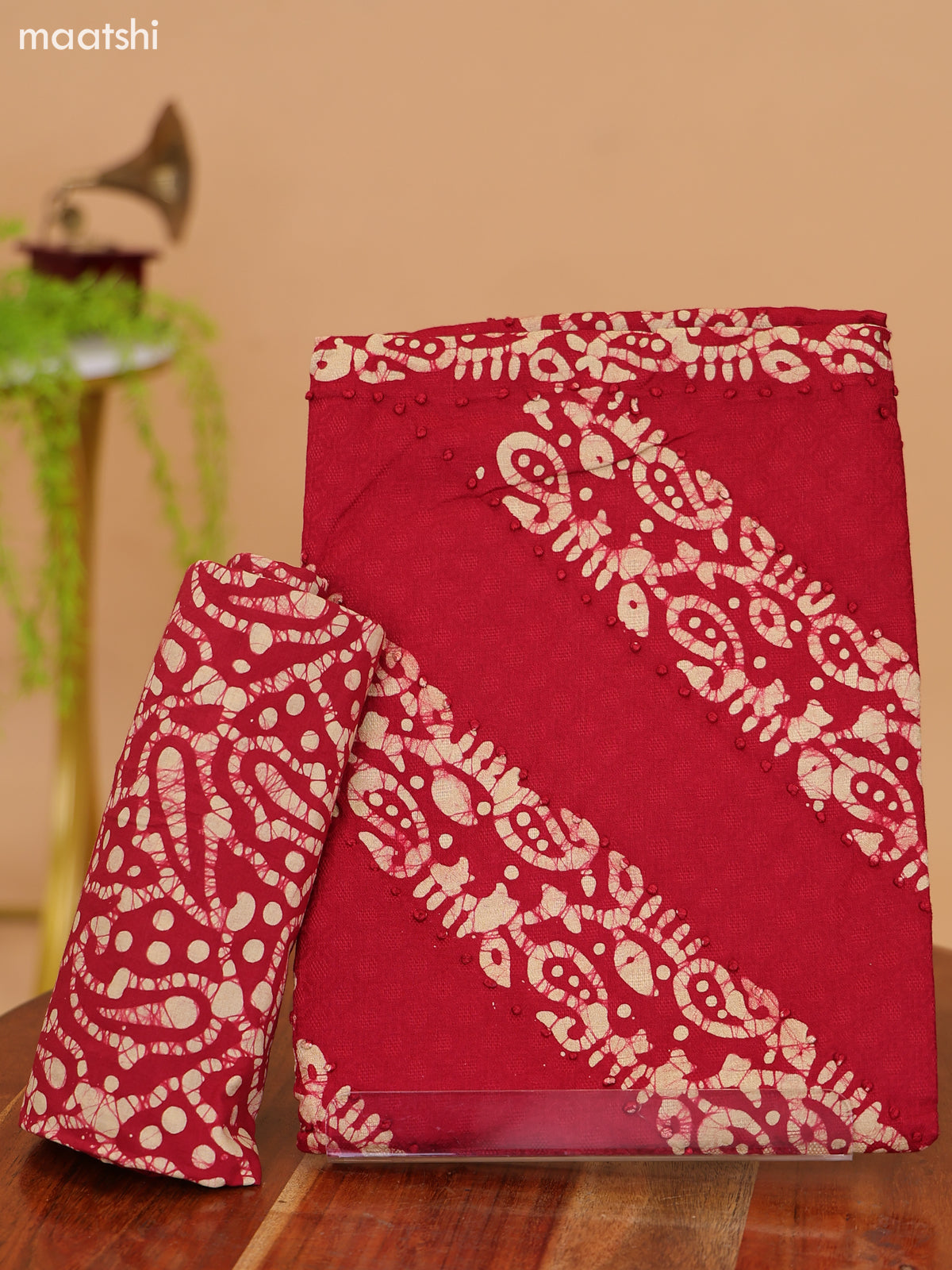 Red and Biege Cotton Dress Material With Batik Prints & French Knot Work Pattern and Bottom & Dupatta
