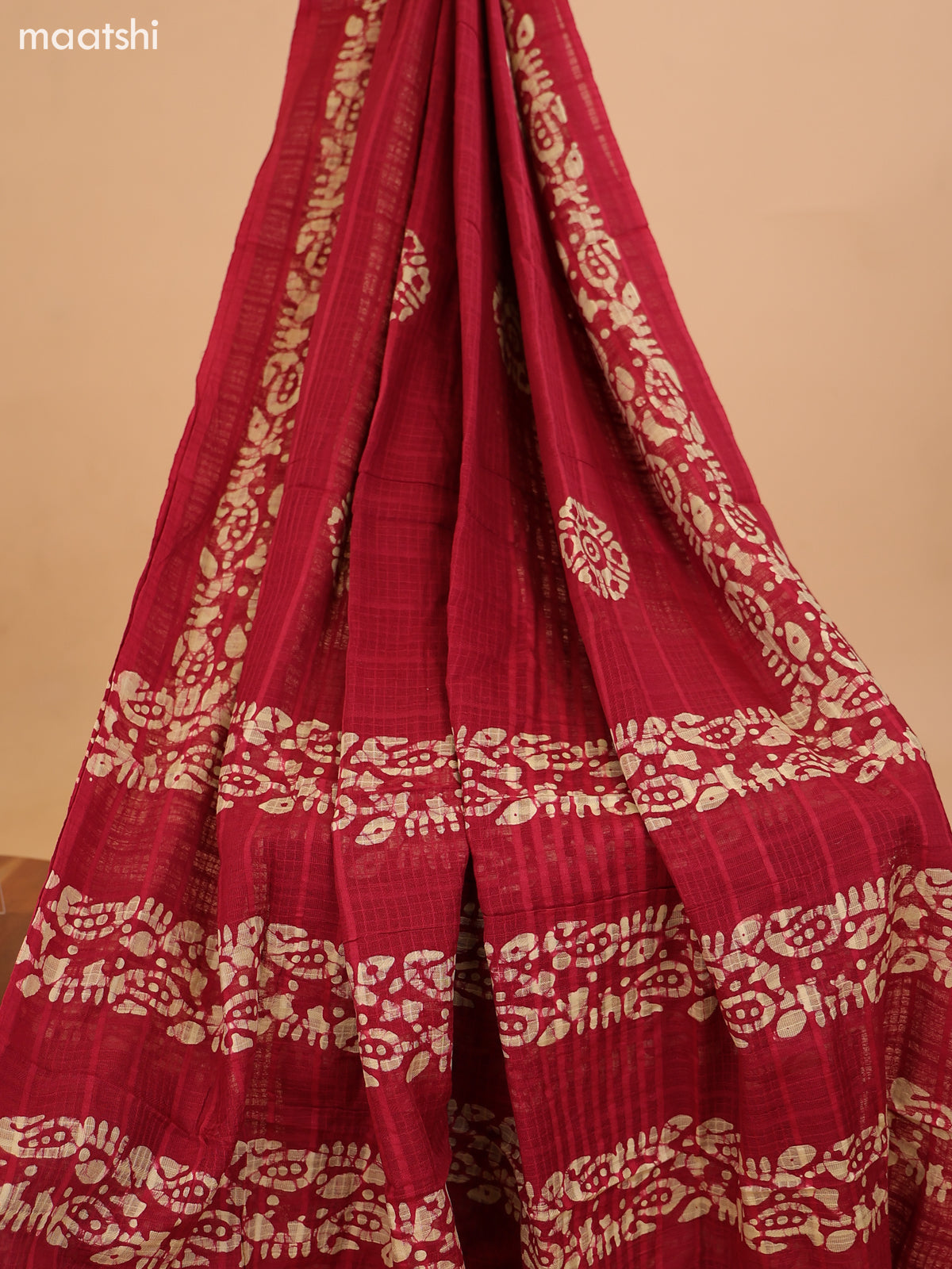 Red and Biege Cotton Dress Material With Batik Prints & French Knot Work Pattern and Bottom & Dupatta