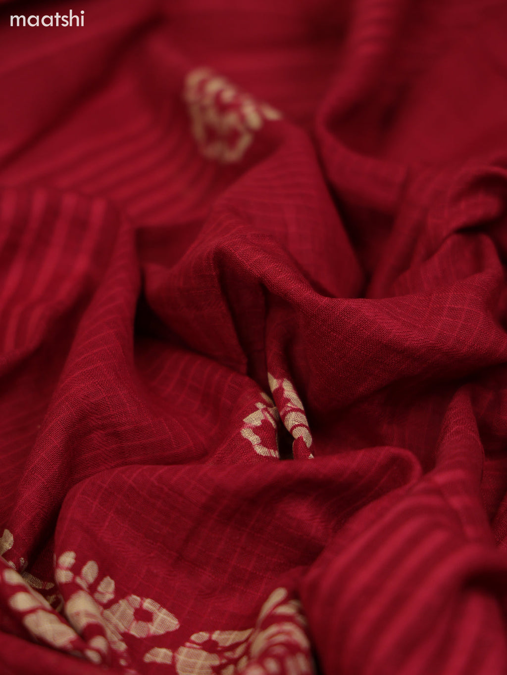 Red and Biege Cotton Dress Material With Batik Prints & French Knot Work Pattern and Bottom & Dupatta