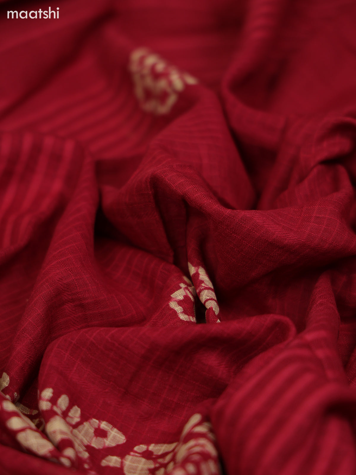 Red and Biege Cotton Dress Material With Batik Prints & French Knot Work Pattern and Bottom & Dupatta