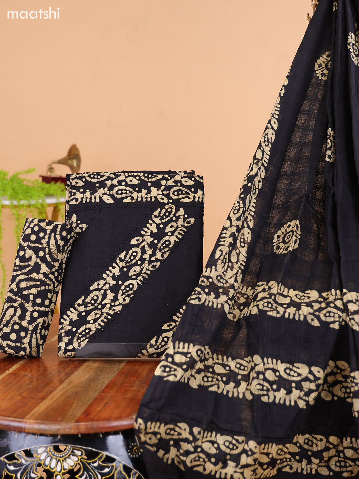 Black and Biege Cotton Dress Material With Batik Prints & French Knot Work Pattern and Bottom & Dupatta