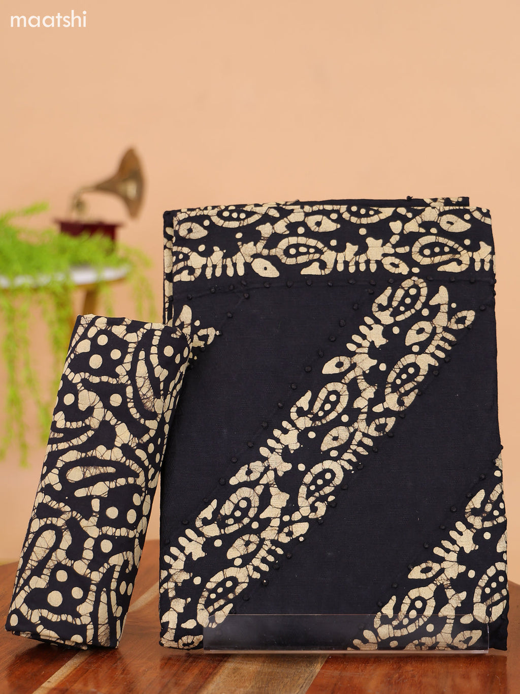 Black and Biege Cotton Dress Material With Batik Prints & French Knot Work Pattern and Bottom & Dupatta