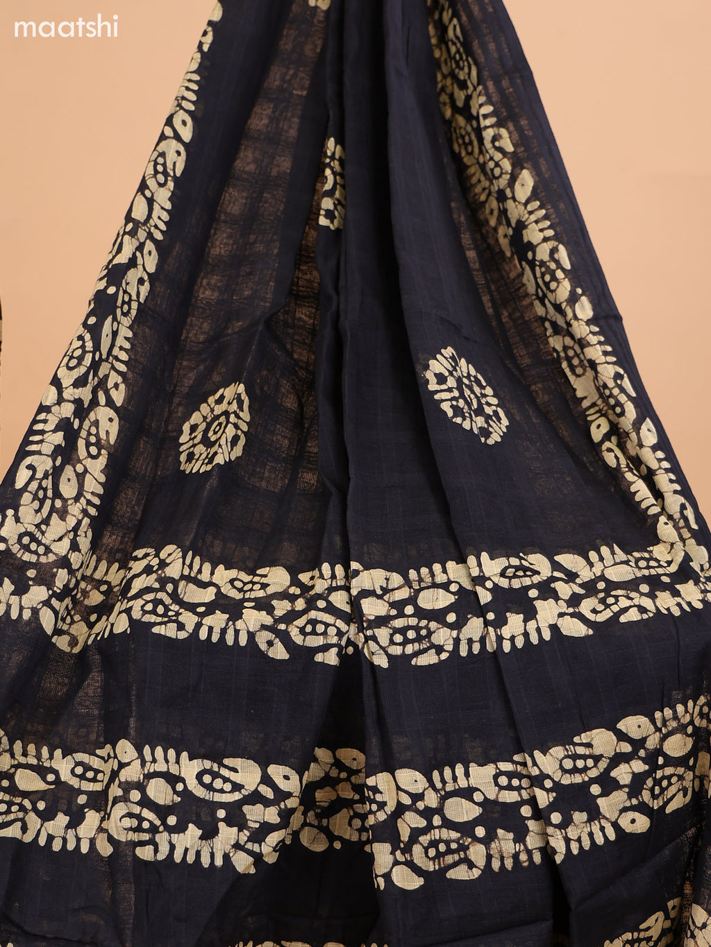 Black and Biege Cotton Dress Material With Batik Prints & French Knot Work Pattern and Bottom & Dupatta