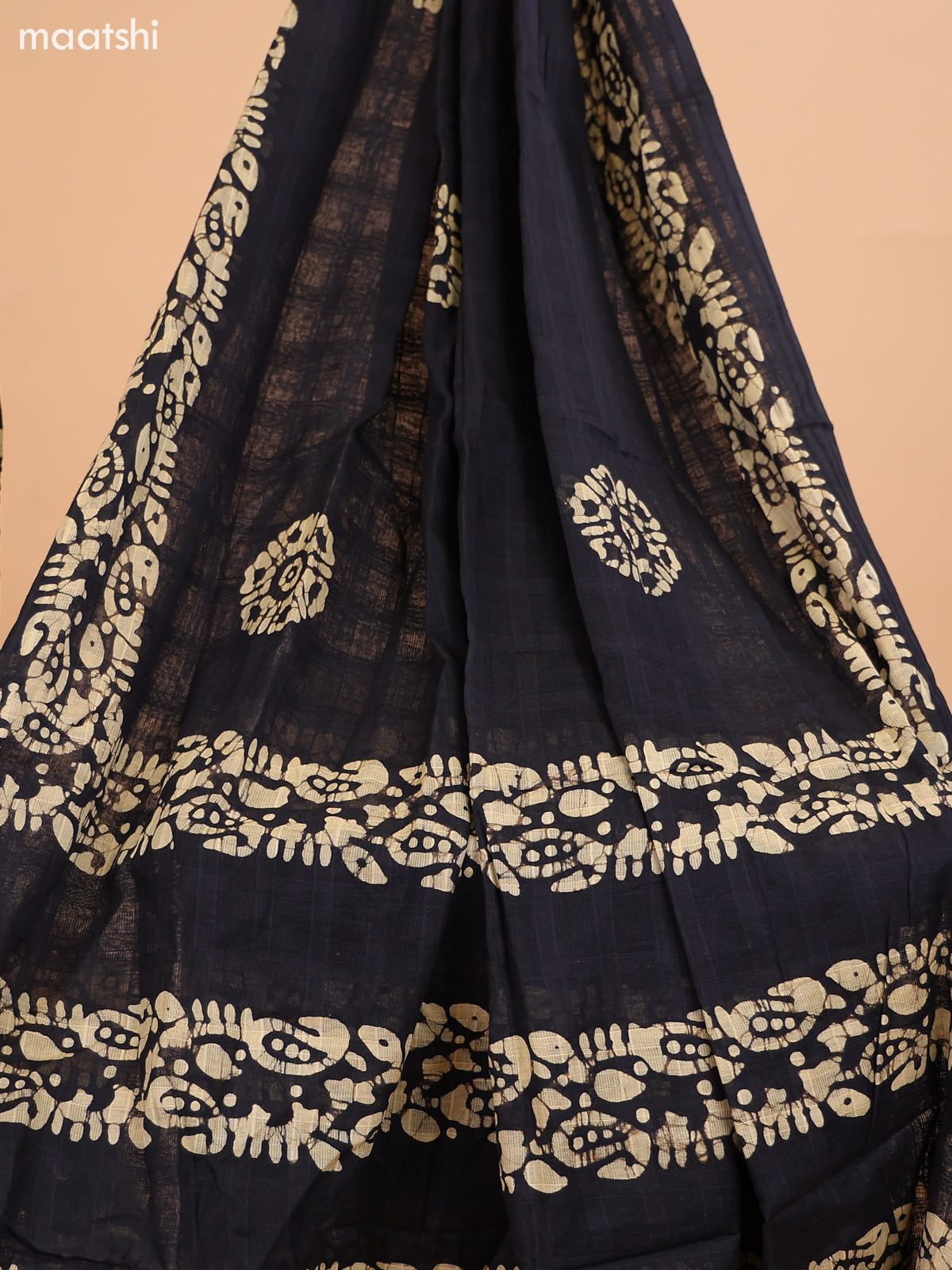 Black and Biege Cotton Dress Material With Batik Prints & French Knot Work Pattern and Bottom & Dupatta