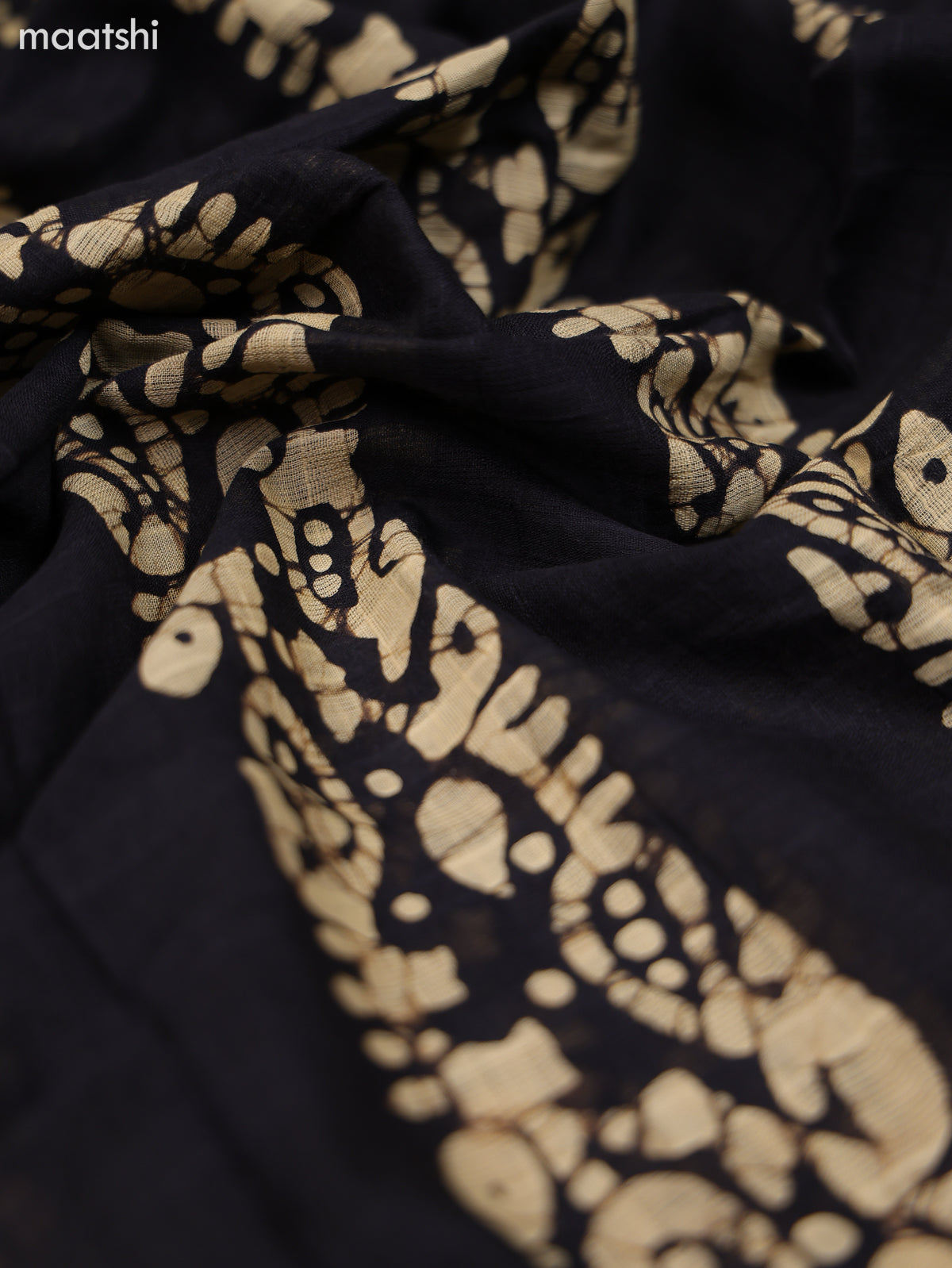 Black and Biege Cotton Dress Material With Batik Prints & French Knot Work Pattern and Bottom & Dupatta